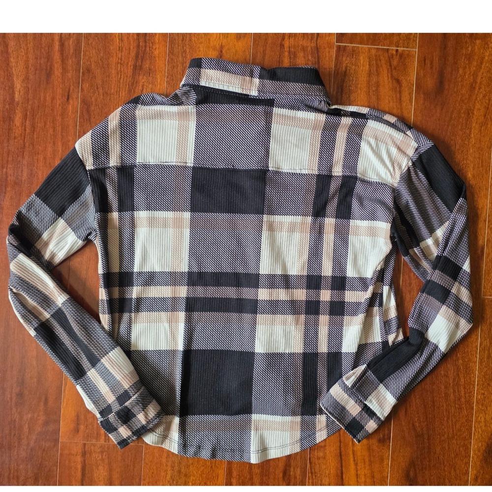 rue21 Womens Plaid Ribbed Knit Cropped Button Down Shirt Black Tan Medium - Picture 4 of 4